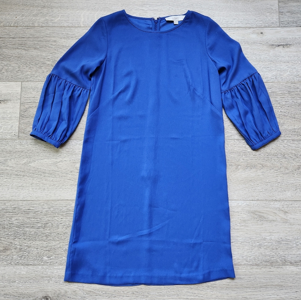 Ann Taylor Loft Blue Dress Womens 00P Shift Balloon Sleeves Occassion Dressy